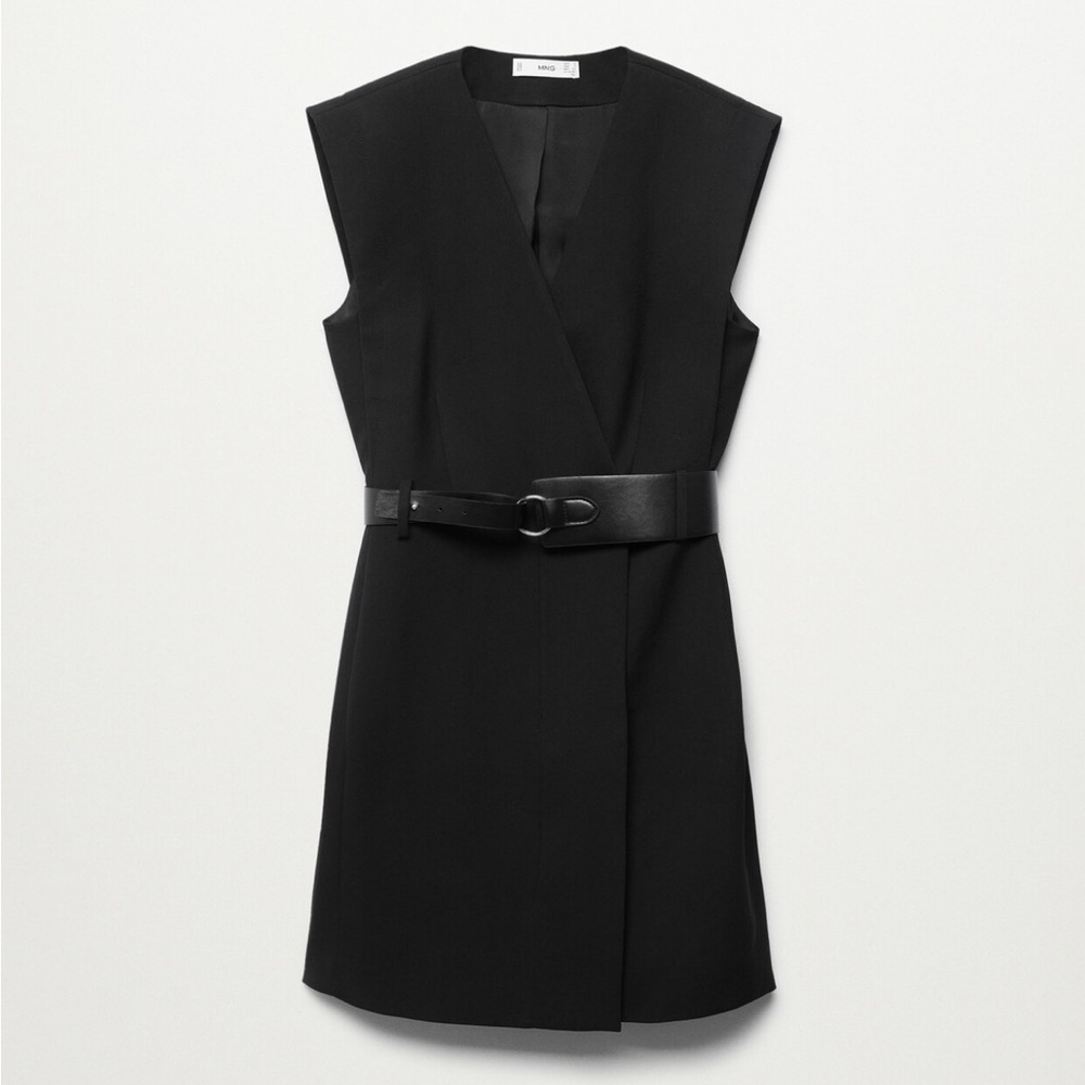 Mango Wrap Black dress with shoulder pads and belt Size XS NWT